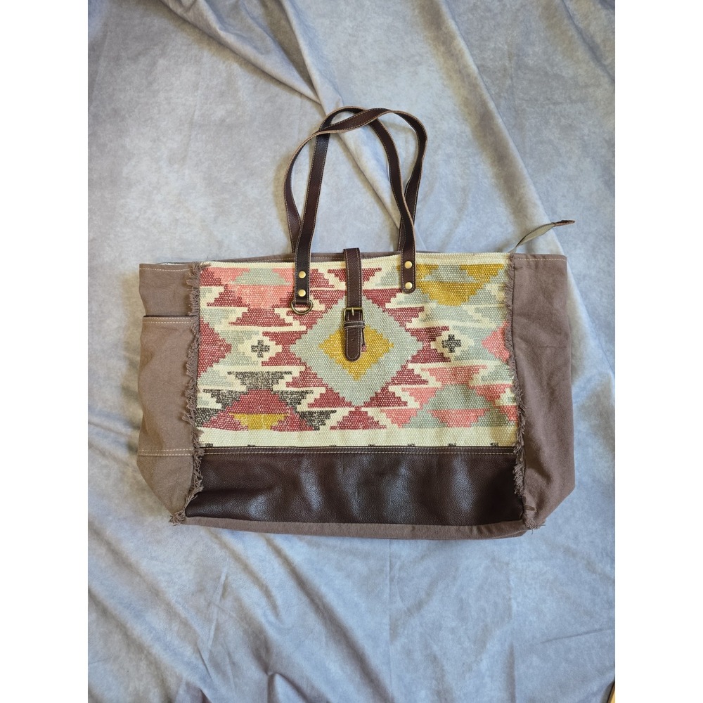 MYRA Huge Leather/Canvas Shoulder Native Navajo Weekender BAG Tote